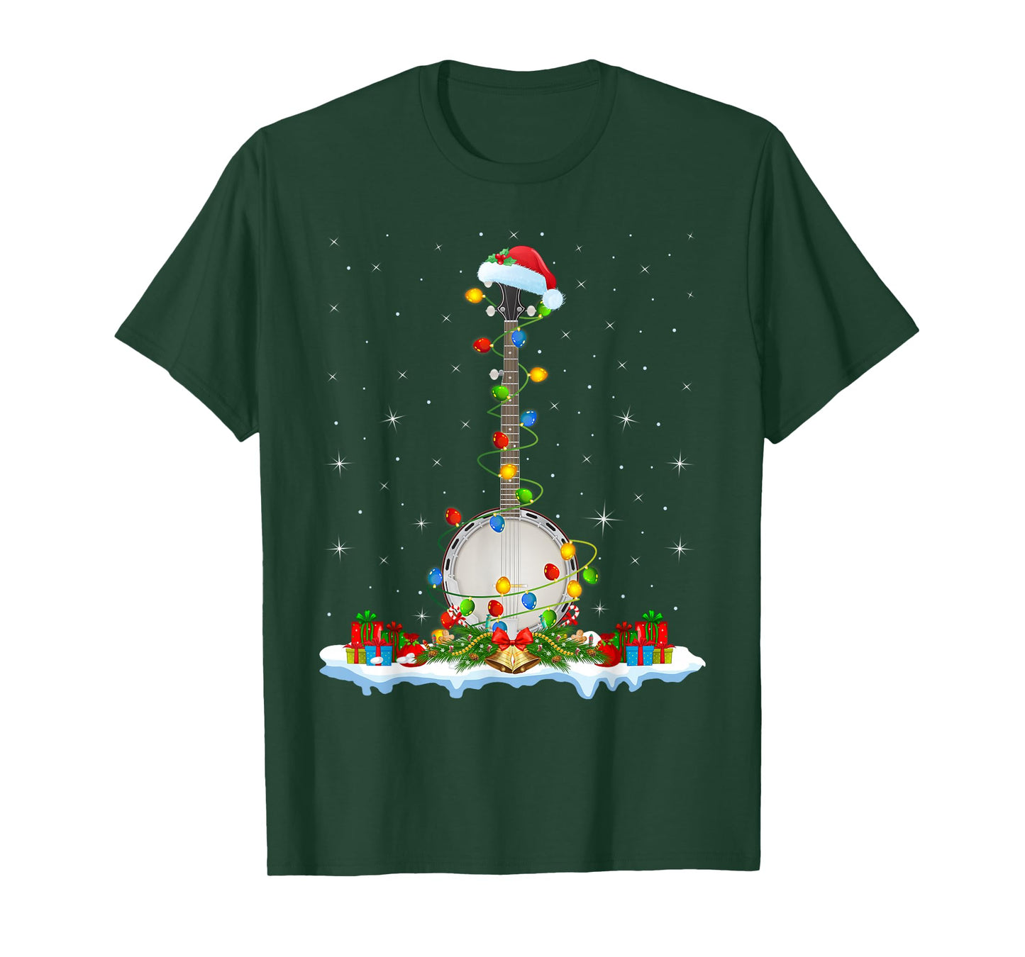 Banjo Christmas Lights Santa Hat Music Banjo Player Xmas T-Shirt