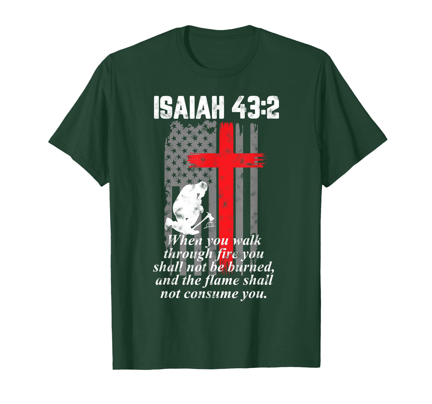 Thin Red Line Firefighter Cross Bible Verse American Flag T-Shirt Small