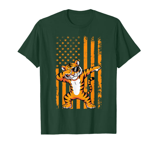 Graphic Tiger Retro American Flag Dabbing Tiger T-Shirt