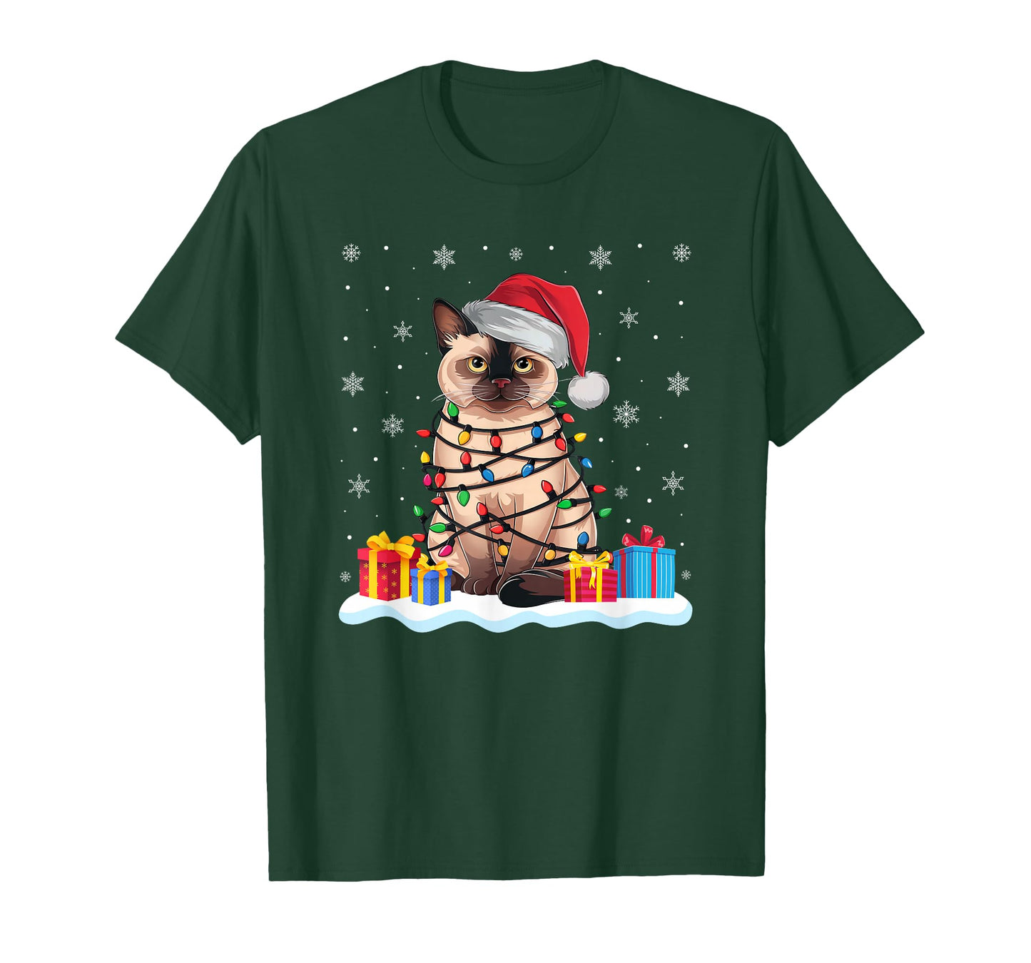 Siamese Cat Santa Hat Christmas Tree Light Xmas Pajama T-Shirt