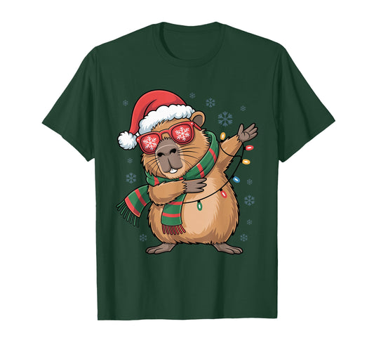 Dabbing Capybara Christmas Santa Hat Funny Holiday Design T-Shirt