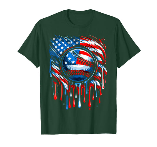 Patriotic Baseball Dripping 4th Of July USA American Flag T-Shirt