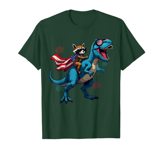 Funny Raccoon Riding T Rex 4th of July US Flag Patriotic T-Shirt