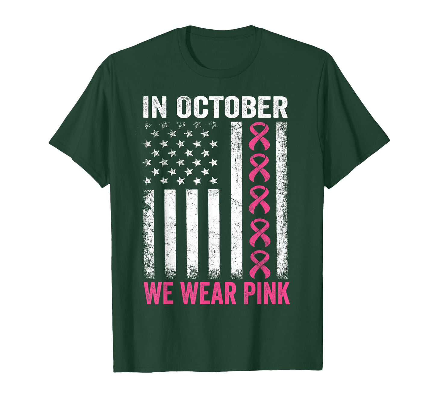 in October we Wear Pink Us Flag Breast Cancer Awareness T-Shirt