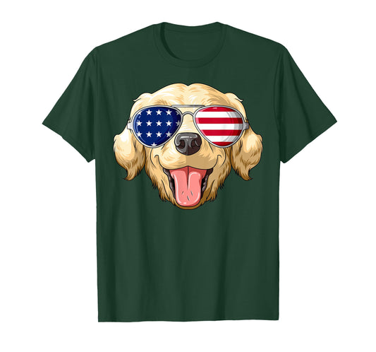 Patriotic Golden Retriever American Flag Glasses 4th July T-Shirt