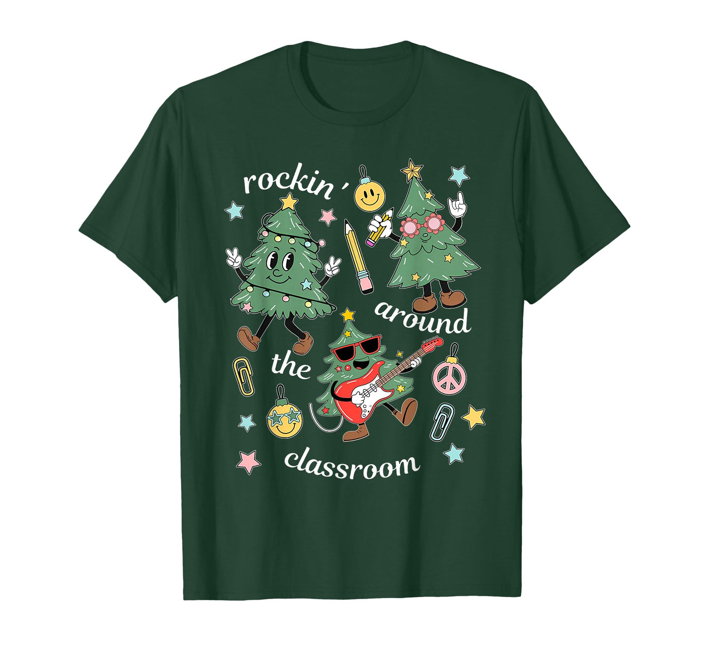 Rockin' Around The Classroom Christmas Teacher Retro Groovy T-Shirt