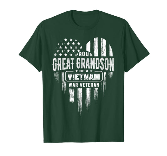 Proud Great Grandson Vietnam War Veteran American Flag Heart T-Shirt
