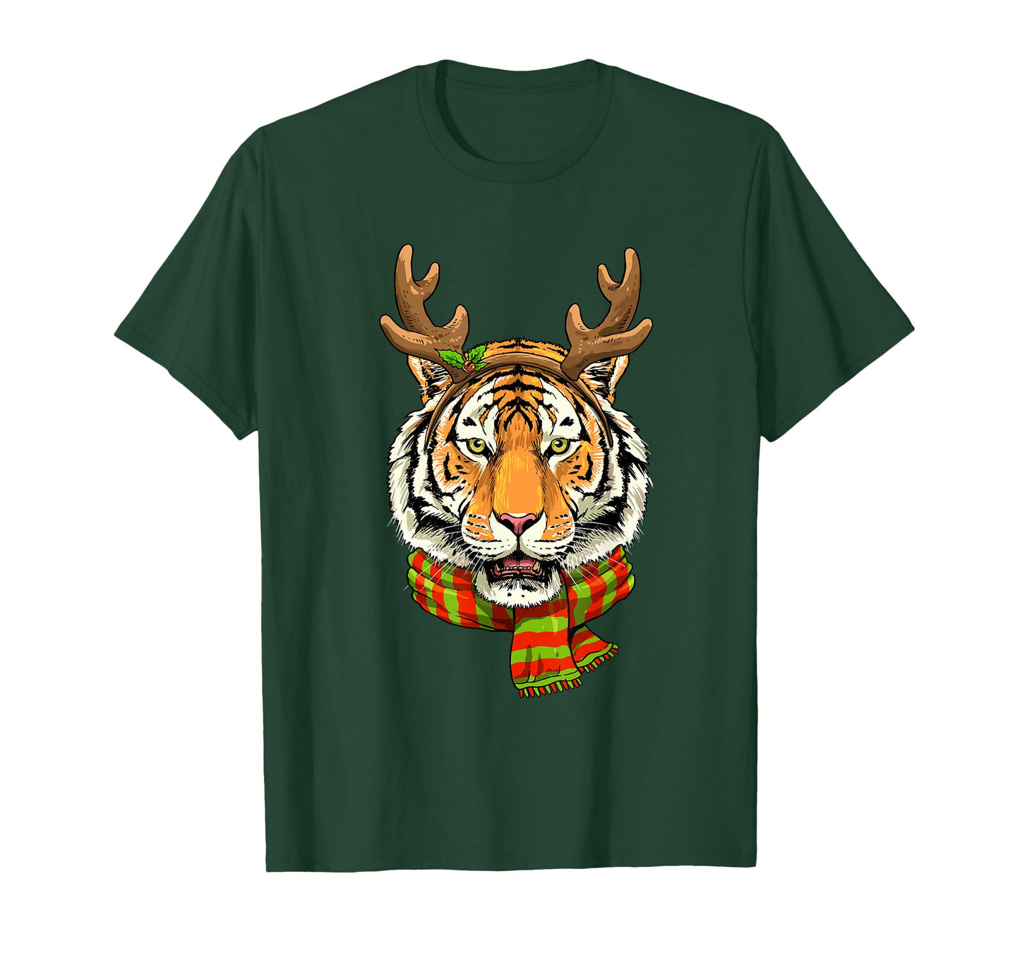 Tiger Reindeer Christmas Shirt Animal With Antlers Xmas T-Shirt