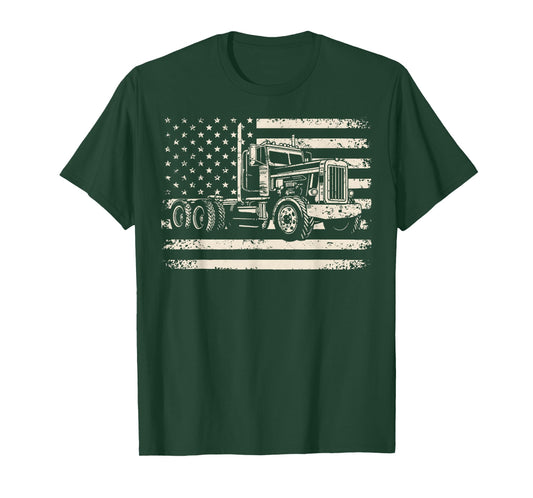 Semi Truck USA Flag Driver Trucker Patriotic Retro T-Shirt