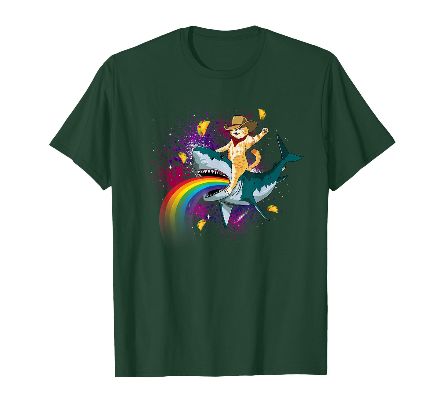 Western Cowboy Cat Riding A Shark In Taco Space Rainbow T-Shirt