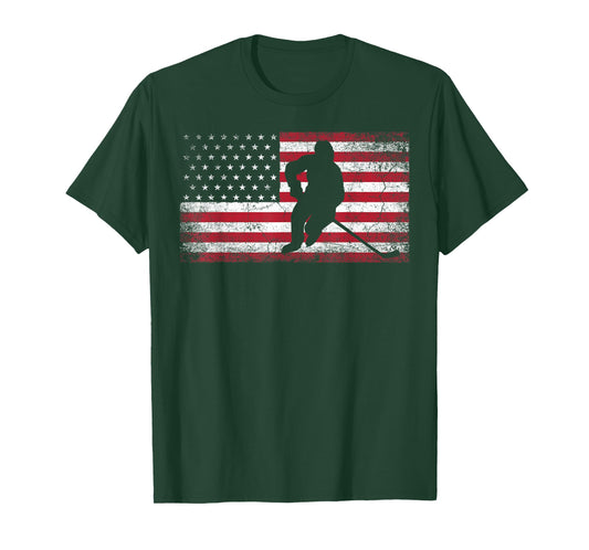 Hockey American Flag 4th of July Patriotic USA Dad Men Son T-Shirt