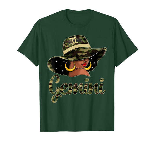 Gemini Queen Black Woman With Hat Camo Afro Woman Zodiac T-Shirt