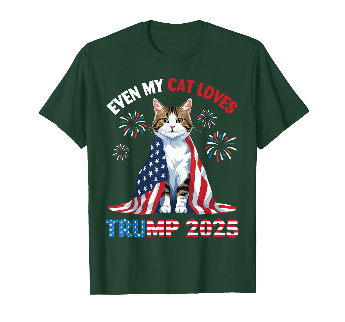 Fireworks Cat Wearing US Flag Even My Cat Loves Trump 2025 T-Shirt