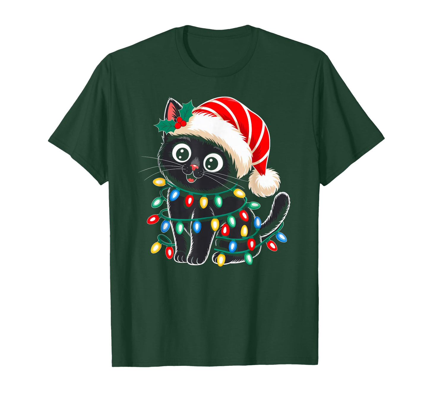 Black Cat Christmas Lights Santa Hat Xmas Pajamas Cat Lover T-Shirt