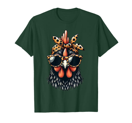 Cute Women Girl Chicken Leopard Bandana Headband Glasses T-Shirt