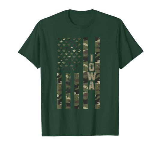 Iowa United States Distressed Camo w US Flag T-Shirt