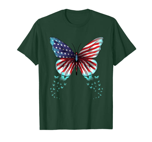 Butterfly USA Flag Cute 4th of July Funny American Girl Gift T-Shirt Small
