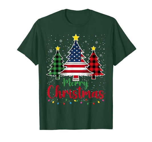 Merry Christmas Tree Plaid US Flag Snowflake Xmas Men Women T-Shirt