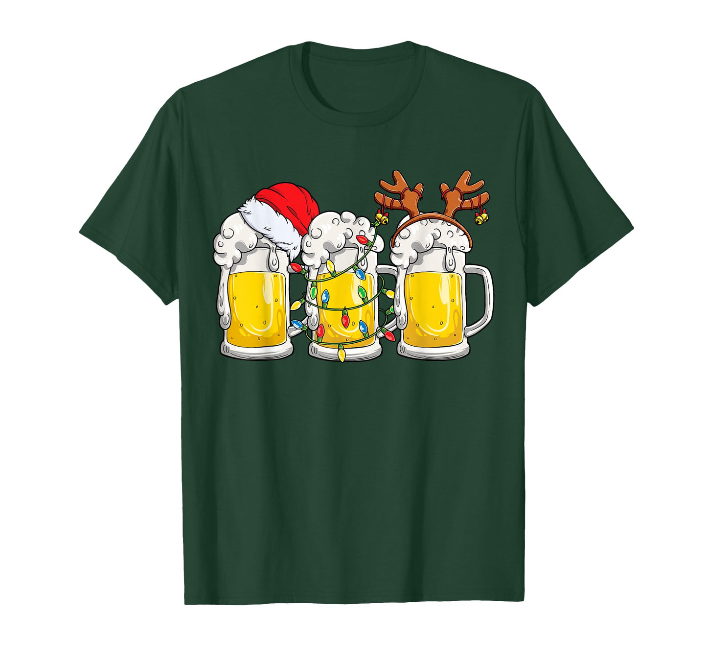 Beer Christmas Mug Santa Reinbeer Xmas Tree Lights Men Women T-Shirt