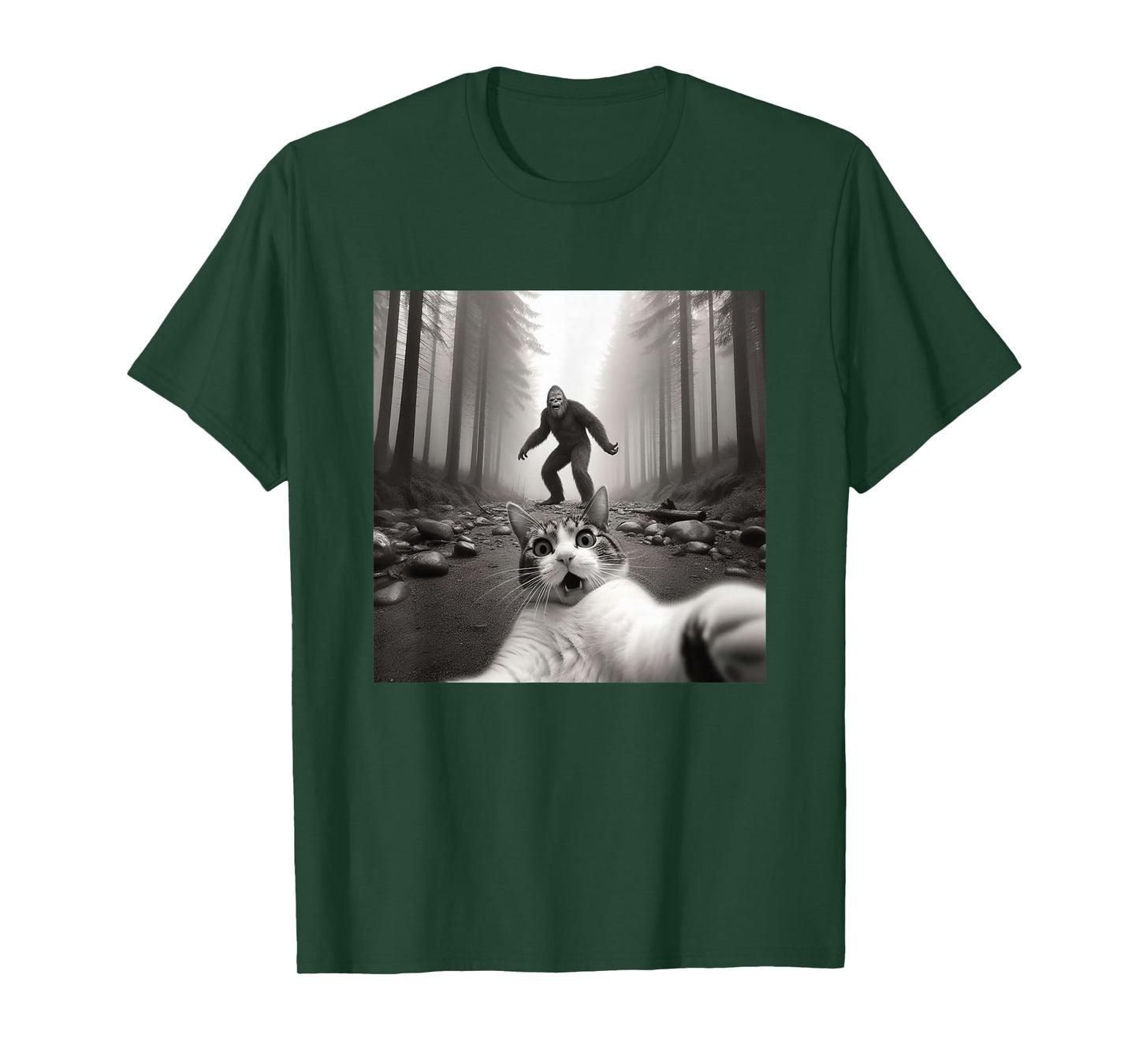 Funny Surprised Scared Cat Selfie with Sasquatsch Bigfoot T-Shirt