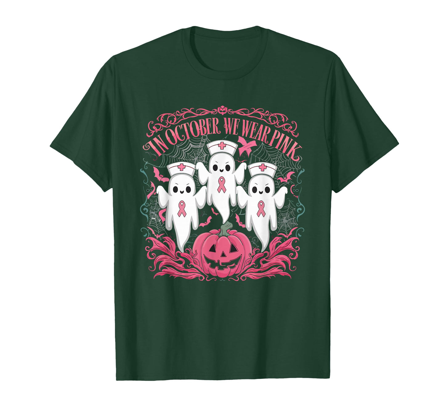In October We Wear Pink Ribbon Nurse Ghost Halloween T-Shirt