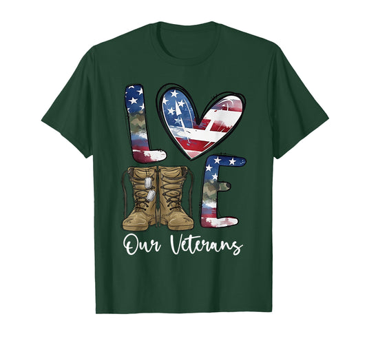 Love Our Veterans Day Proud Military American Flag Thank You T-Shirt