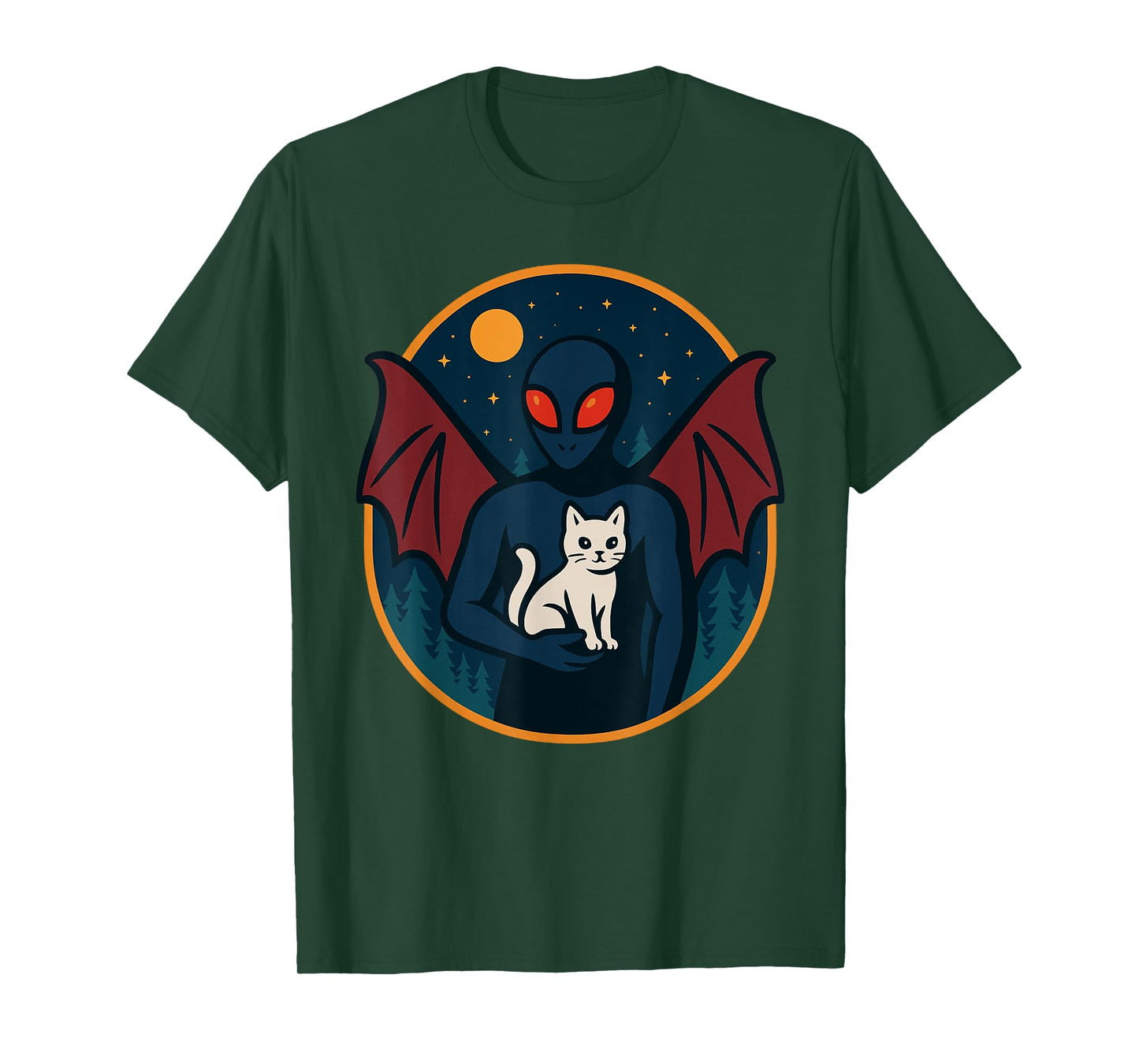 Funny Mothman Holds Cat Under Moonlight in Whimsical Forest T-Shirt