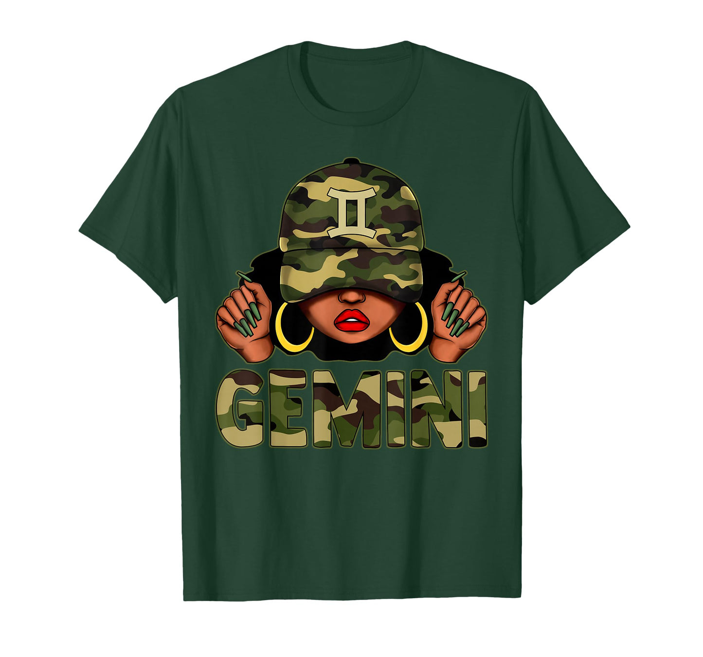 Gemini Queen Black Woman With Cap Camo Afro Girl Zodiac T-Shirt