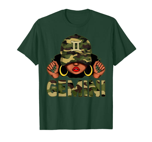 Gemini Queen Black Woman With Cap Camo Afro Girl Zodiac T-Shirt