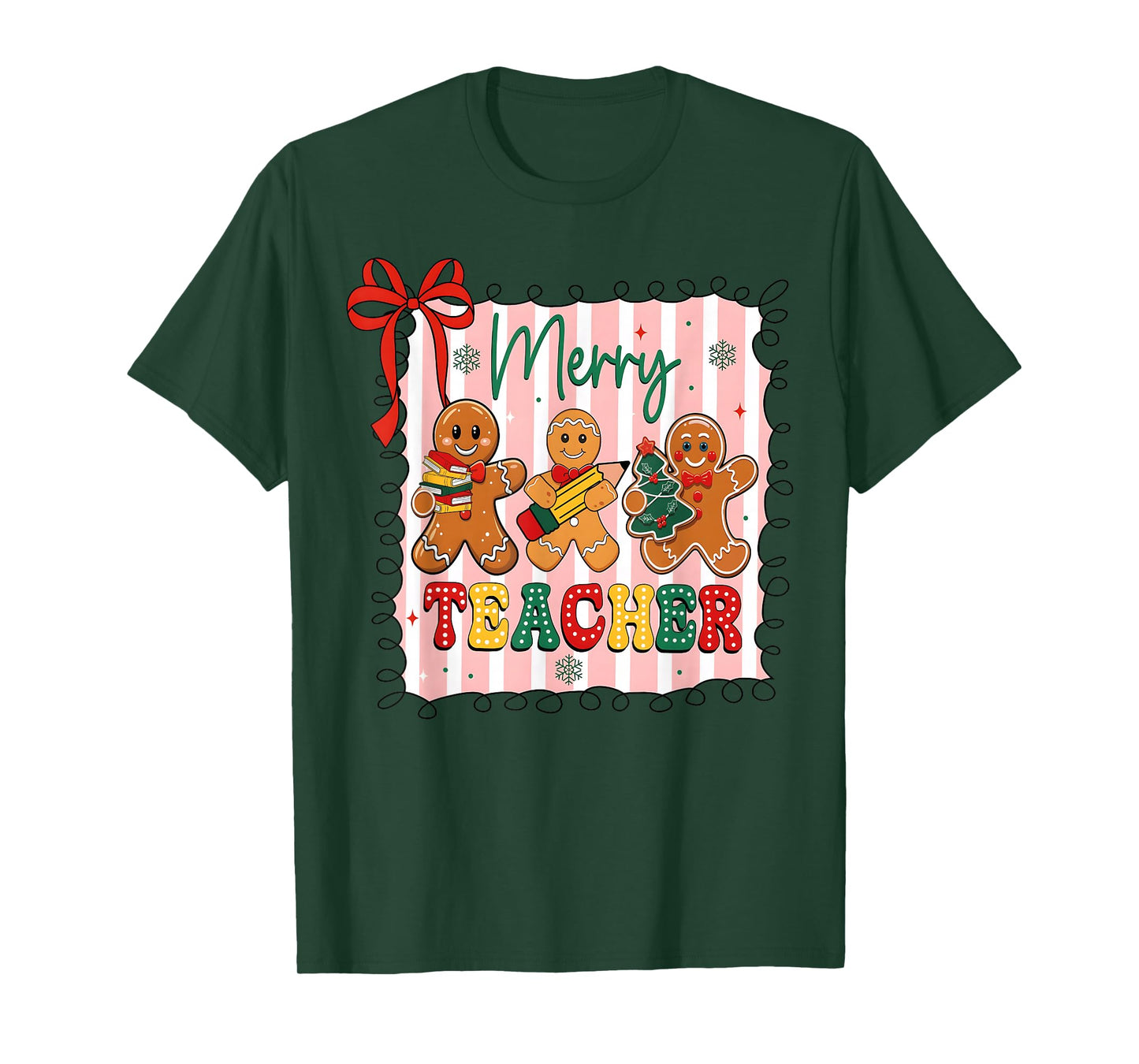 Christmas Preppy Gingerbread Coquette Bow Merry Teacher T-Shirt