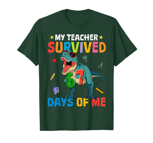 67th Day of School My Teacher Survived 67 Days Boys Dinosaur T-Shirt
