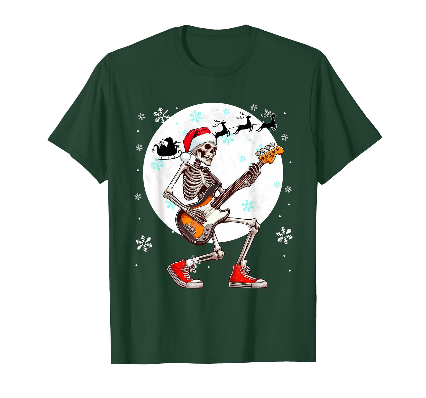 Christmas Santa Skeletons Playing Guitar Bass Guitarist T-Shirt