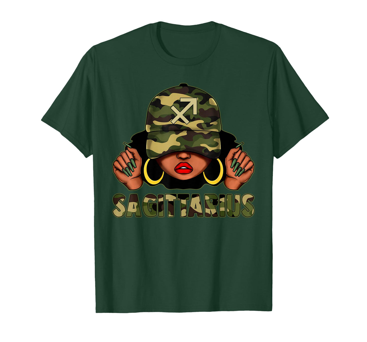 Sagittarius Queen Black Woman with Cap Camo Afro Girl Zodiac T-Shirt