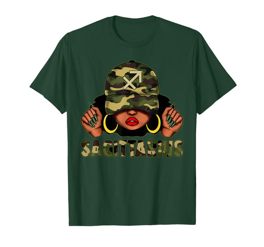 Sagittarius Queen Black Woman with Cap Camo Afro Girl Zodiac T-Shirt