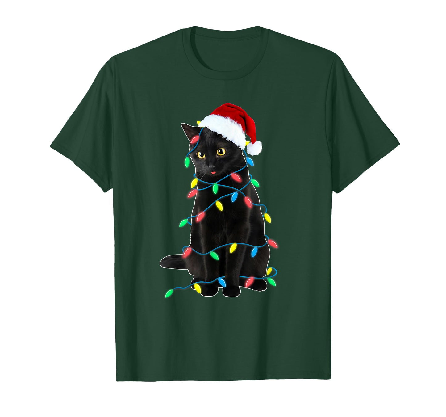 Black Cat Christmas Tree Lights Funny Santa Kitten Led Light T-Shirt