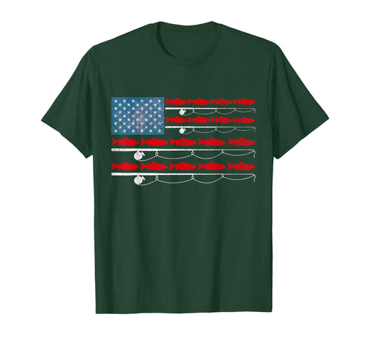 USA Flag Salmon Fishing Poles Patriotic Fisherman Flag T-Shirt