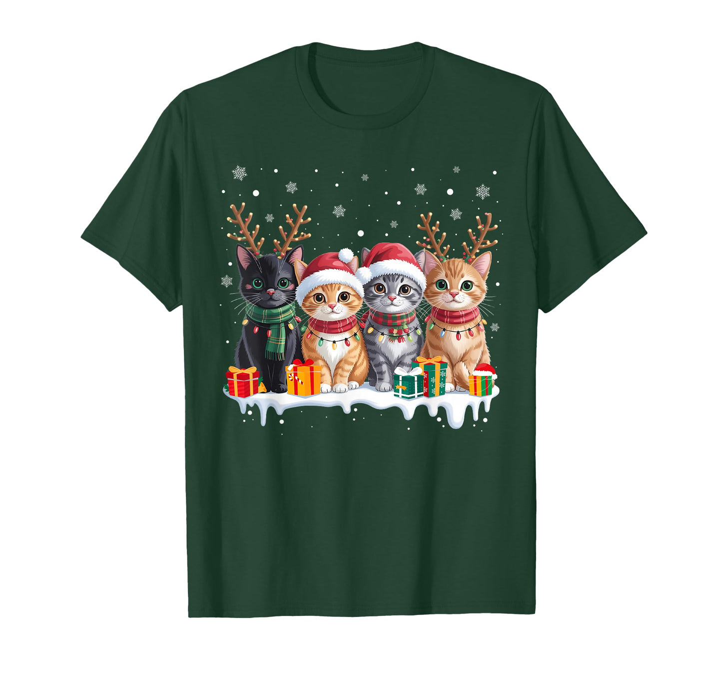 Cat Christmas Light Reindeer Santa Christmas Cat Lover T-Shirt
