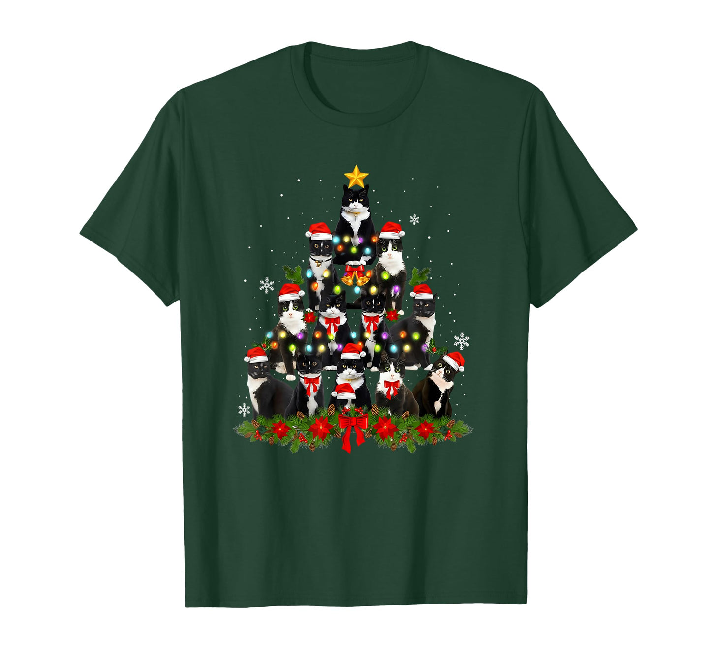 Cat Christmas Light Reindeer Santa Christmas Cat Lover Xmas T-Shirt