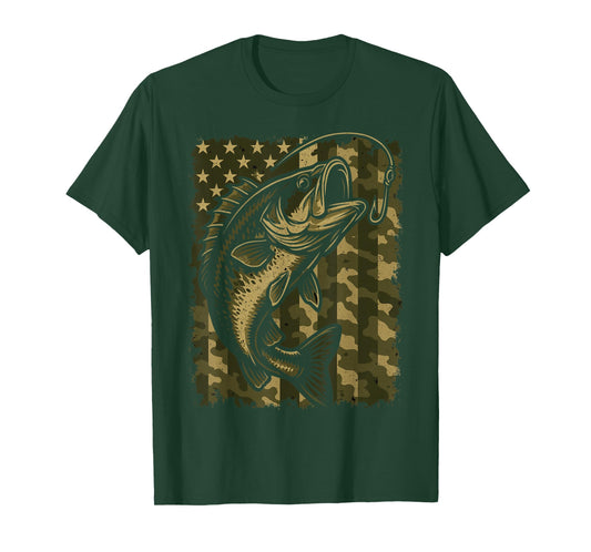 Patriotic Bass Fishing Camouflage American Flag T-Shirt