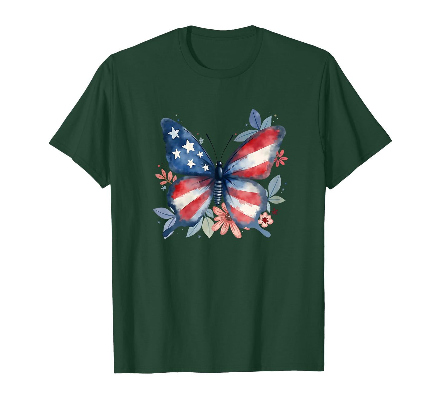 Butterfly Floral American Flag USA 4th Of July Girls Women T-Shirt