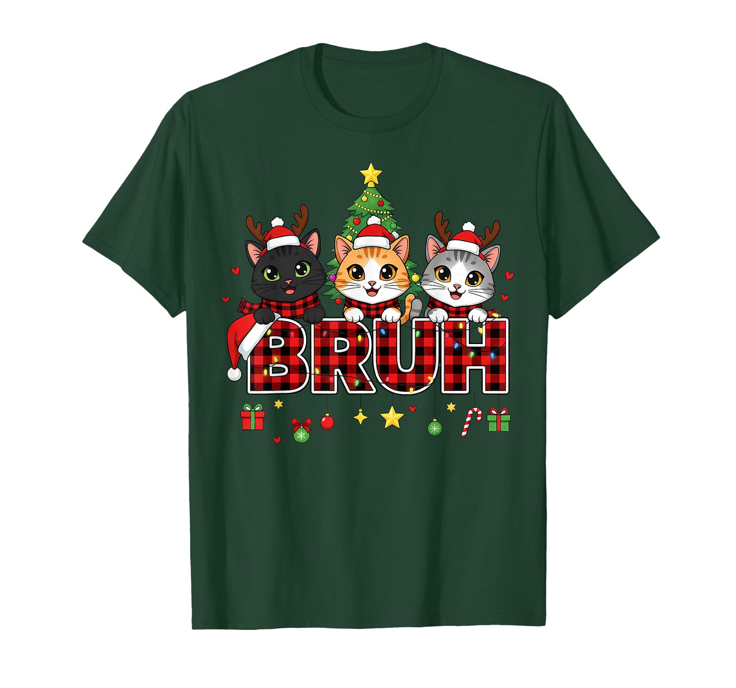 Cat Christmas Light Reindeer Santa Bruh Funny T-Shirt