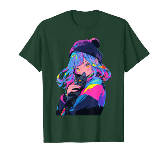 Anime and Cats Manga Girl with a Cat Anime Lover T-Shirt