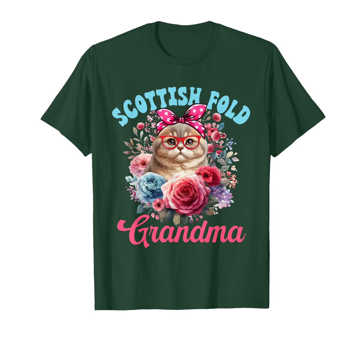 Scottish Fold Grandma Mother's Day Cat Bow Tie Floral T-Shirt