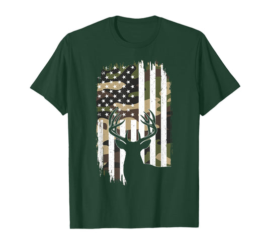 Deer Hunting Camoflage American Flag Buck Forest Hunter Dad T-Shirt