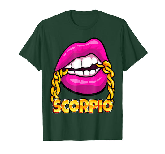 Black Queen Juicy Lips Pink Gold Chain Scorpio Zodiac Sign T-Shirt
