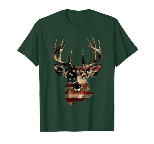 Whitetail Buck Deer Hunting 4th Of July USA American Flag T-Shirt