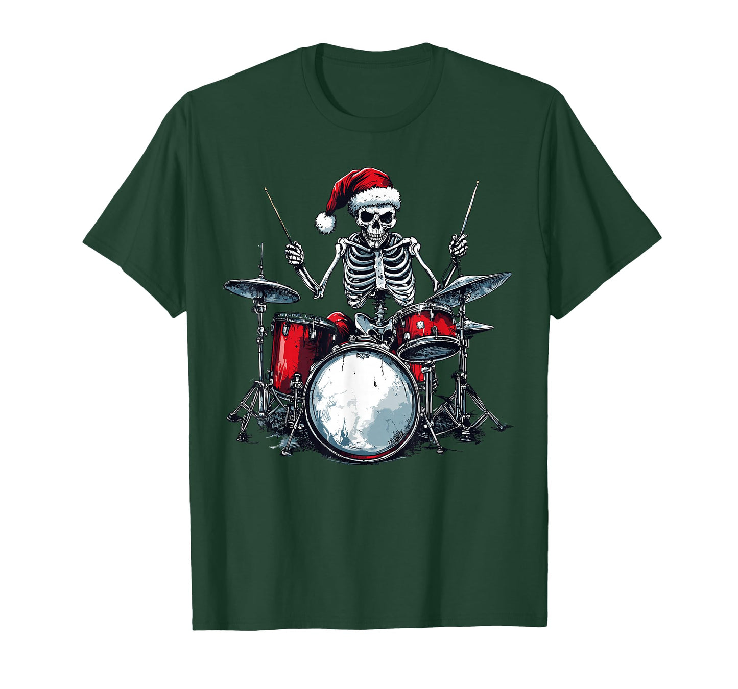 Santa Skeleton Playing Drum Percussionist Drummer Christmas T-Shirt