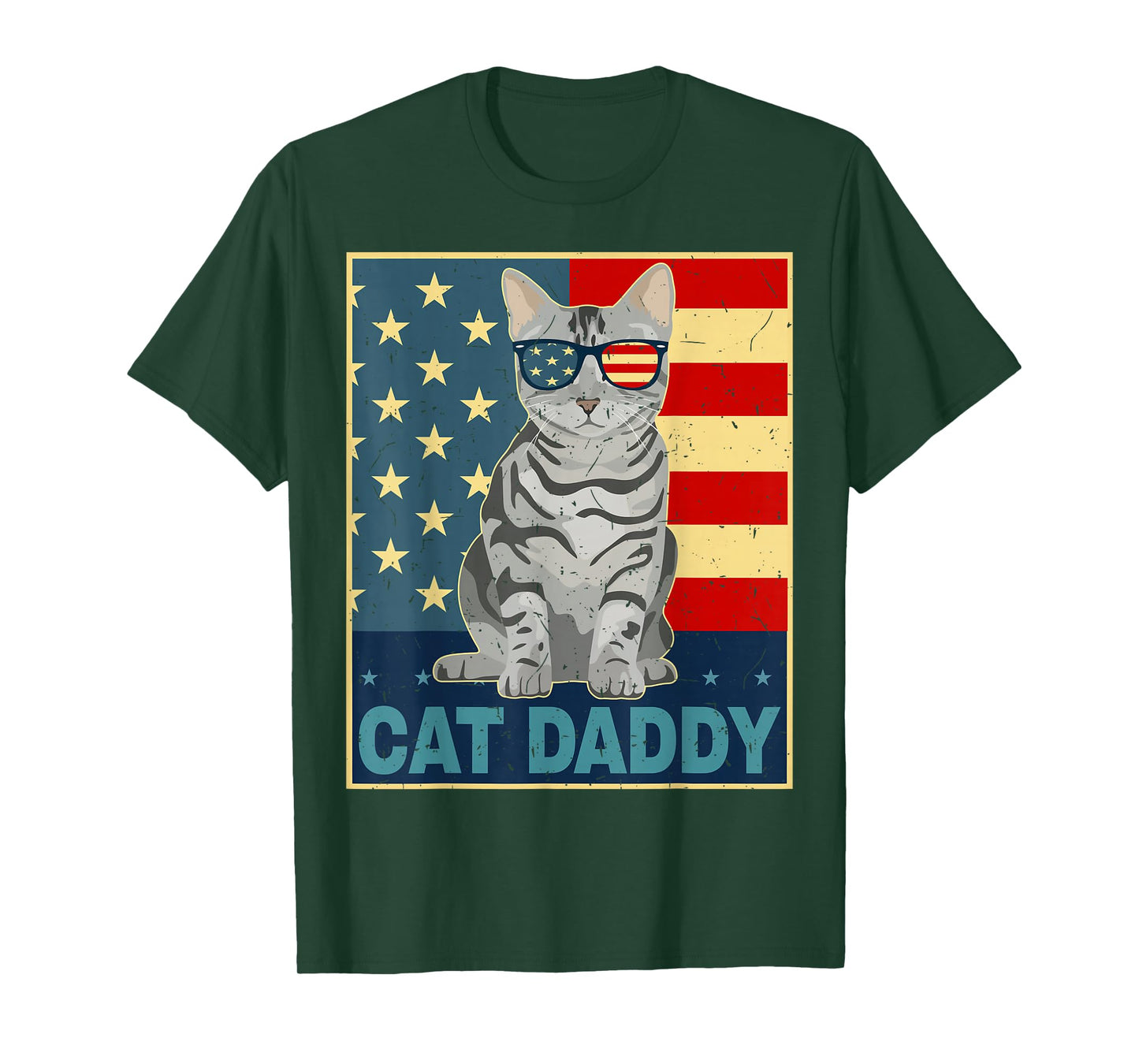 Cat Daddy Tabby Cat Dad Gift Men American Flag Cat Patriotic T-Shirt