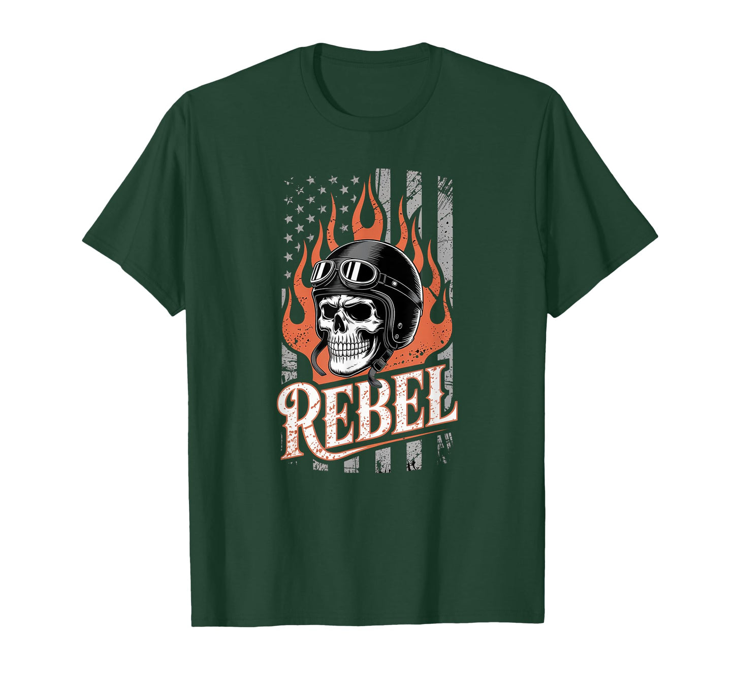 Biker Skull Vintage Art with Flames and American Flag T-Shirt