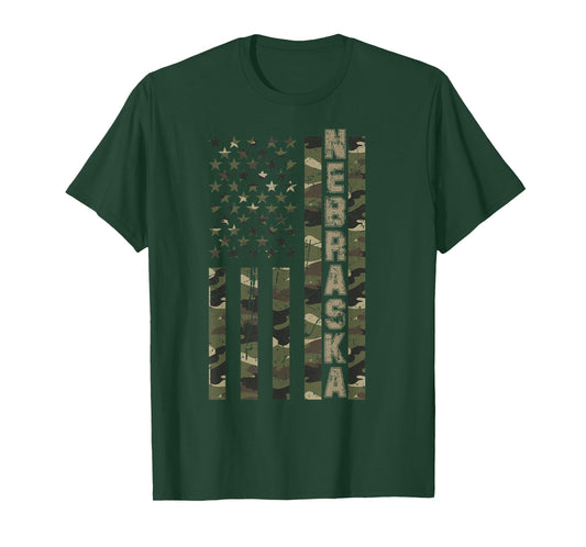 Nebraska United States Distressed Camo w US Flag T-Shirt